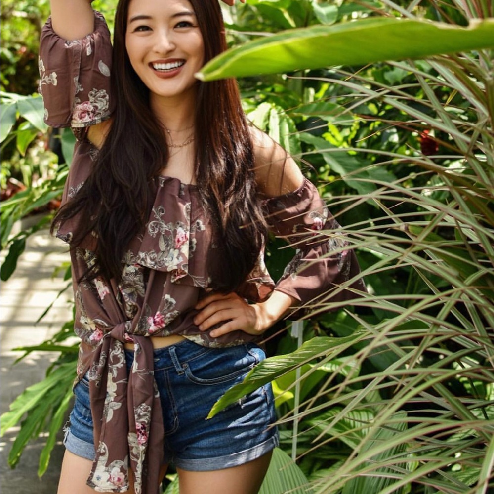 014 boho Mocha Floral Print Off Shoulder Blouse - Picture 2 of 3